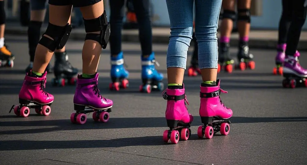 a group of people roller skating whose legs and roller skates are the ones seen